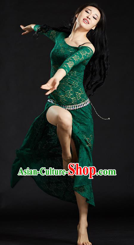 Asian Indian Traditional Costume Belly Dance Stage Performance Green Lace Dress for Women