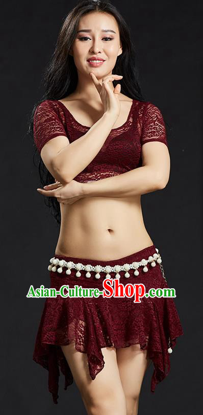 Asian Indian Traditional Wine Red Lace Costume Oriental Dance Belly Dance Stage Performance Clothing for Women