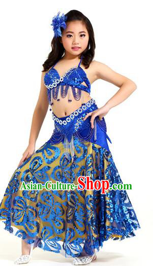 Indian Traditional Belly Dance Royalblue Dress Oriental Dance Performance Costume for Kids