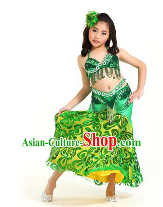 Indian Traditional Belly Dance Green Dress Oriental Dance Performance Costume for Kids