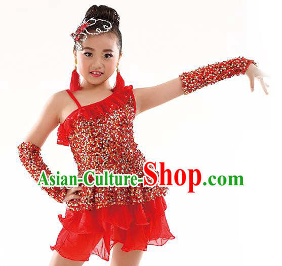 Top Latin Dance Performance Sequin Costume Traditional Children Modern Dance Red Dress for Kids