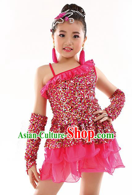Top Latin Dance Performance Sequin Costume Traditional Children Modern Dance Rosy Dress for Kids