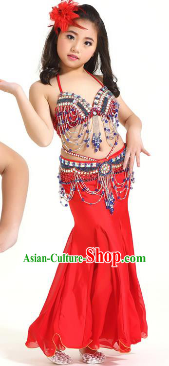 Indian Traditional Children Belly Dance Costume Classical Oriental Dance Red Dress for Kids