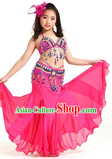 Indian Traditional Children Belly Dance Costume Classical Oriental Dance Rosy Dress for Kids