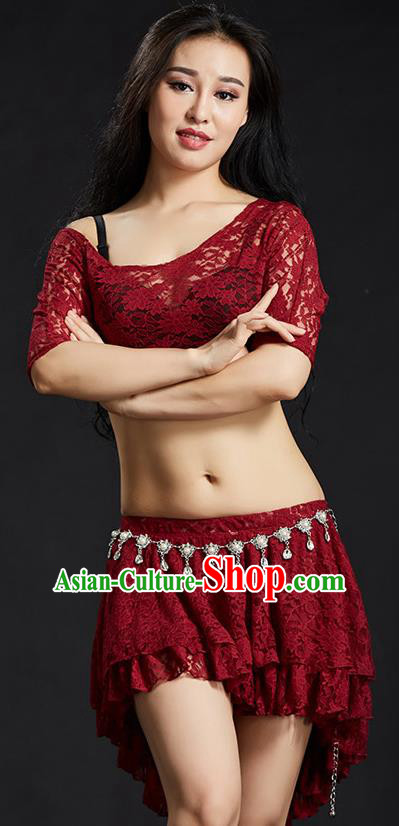 Indian Traditional Belly Dance Performance Costume Classical Oriental Dance Red Lace Dress for Women