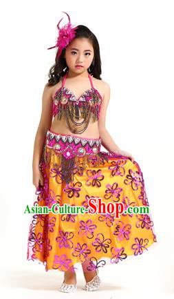 Asian Indian Children Belly Dance Rosy Dress Stage Performance Oriental Dance Clothing for Kids