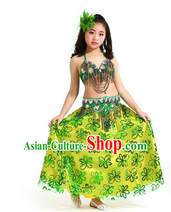Asian Indian Children Belly Dance Green Dress Stage Performance Oriental Dance Clothing for Kids