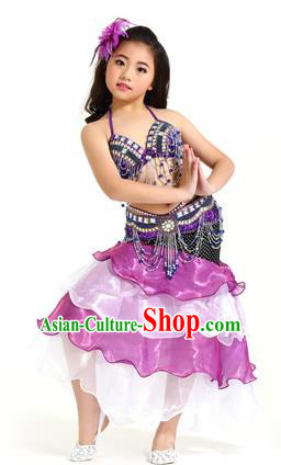 Asian Indian Children Belly Dance Purple and Pink Dress Stage Performance Oriental Dance Clothing for Kids