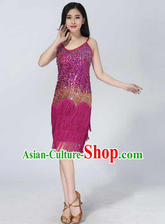 Professional Latin Dance Sequin Rosy Dress Ballroom Dance Modern Dance Clothing for Women