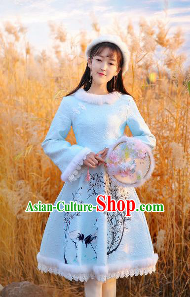 Traditional Chinese National Blue Dress Tangsuit Cheongsam Clothing for Women