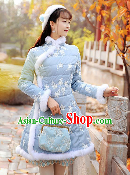 Traditional Chinese National Embroidered Blue Dress Tangsuit Cotton-padded Cheongsam Clothing for Women