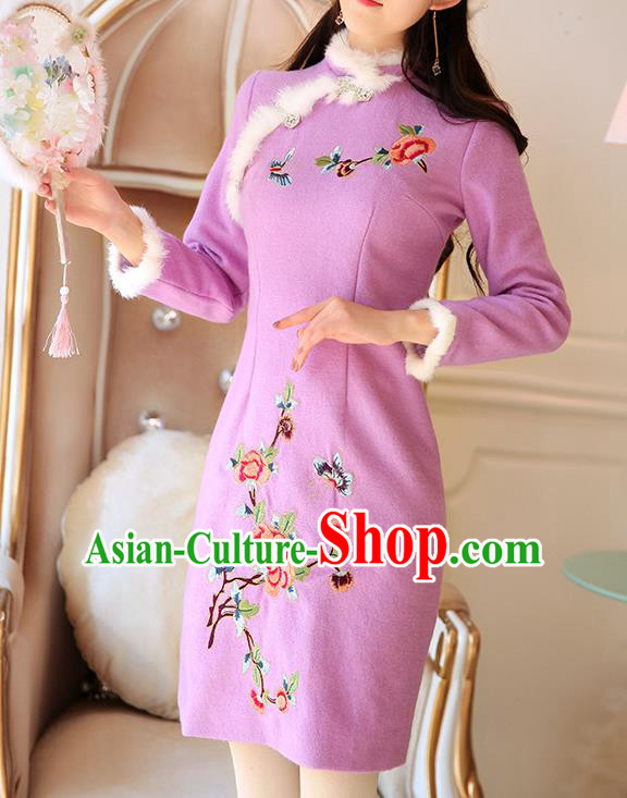 Traditional Chinese National Tangsuit Embroidered Purple Qipao Dress Cheongsam Clothing for Women
