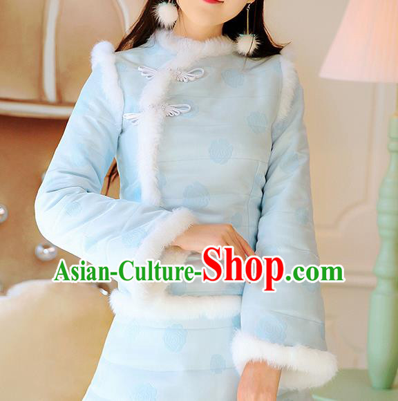 Chinese National Costume Tangsuit Blue Cotton-padded Qipao Blouse Cheongsam Shirts for Women