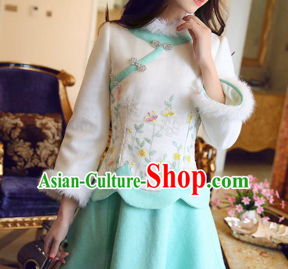 Chinese National Costume White Wool Cheongsam Embroidered Shirts Tangsuit Qipao Blouse for Women