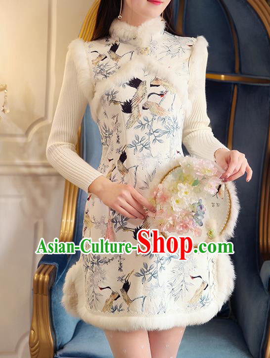 Chinese National Tangsuit Printing Crane Qipao Dress Cheongsam Vests Clothing for Women