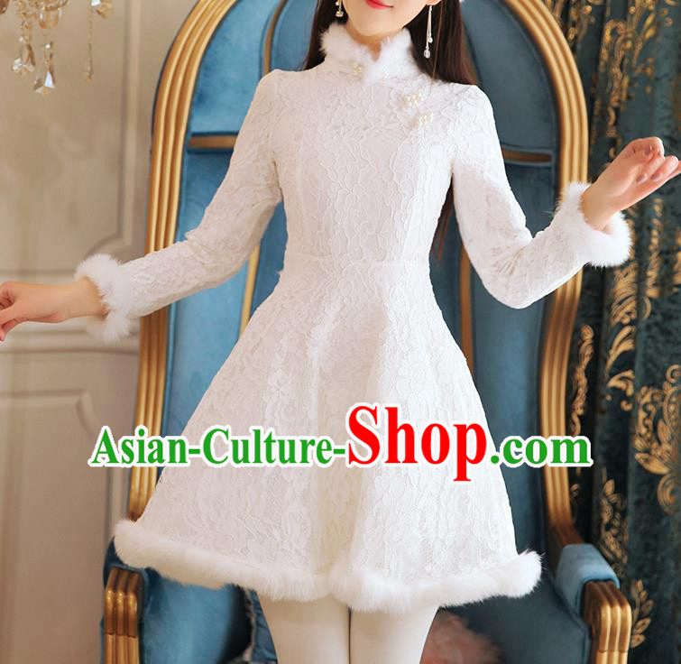 Traditional Chinese National White Lace Dress Tangsuit Cheongsam Clothing for Women