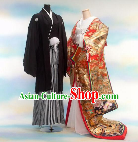 Traditional Japanese Wedding Golden Costumes Bride and Bridegroom Kimono Clothing for Women for Men