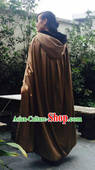 Chinese Ancient Swordsman Costume Knight Brown Long Cloak for Men