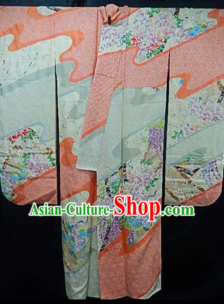 Asian Japan Costume Traditional Printing Peony Furisode Kimono Japanese Yukata Dress for Women