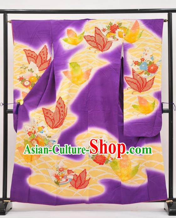 Asian Japan Costume Traditional Butterfly Purple Furisode Kimono Japanese Yukata Dress for Women