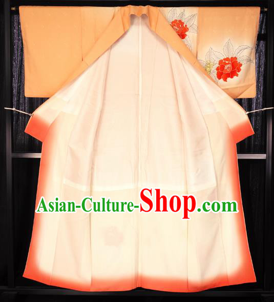 Asian Japan Painting Flowers Orange Furisode Kimono Palace Costume Traditional Japanese Yukata Dress for Women
