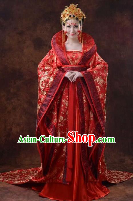 Chinese Ancient Tang Dynasty Princess Wedding Costumes Theatre Embroidered Red Dress for Women