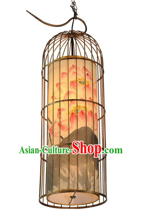 Handmade Traditional Chinese Lantern Floor Lamp Golden Birdcage Lantern