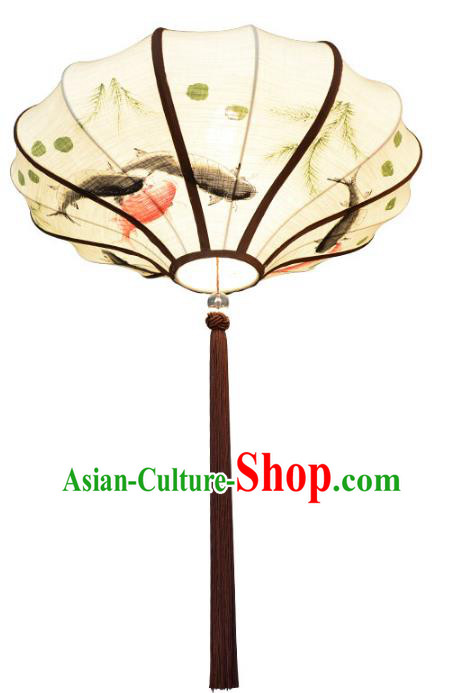 Traditional Chinese Ancient Palace Lantern Ceiling Lamp Printing Fish Linen Lanern