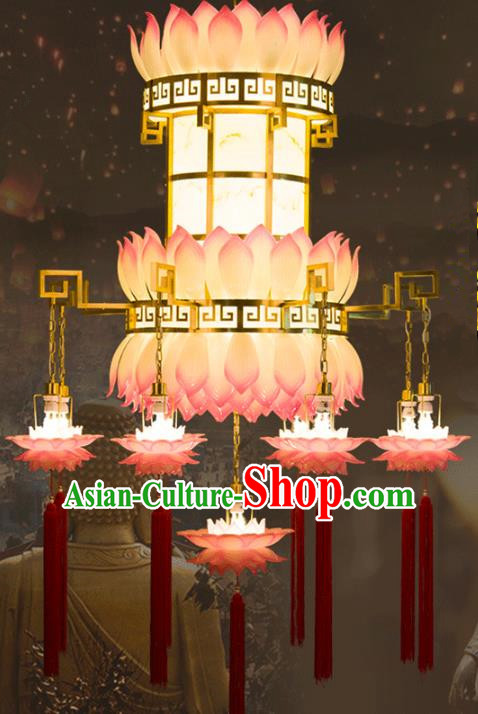 Traditional Chinese Ancient Palace Lantern Buddhist Lotus Ceiling Lamp Temple Brass Lanern