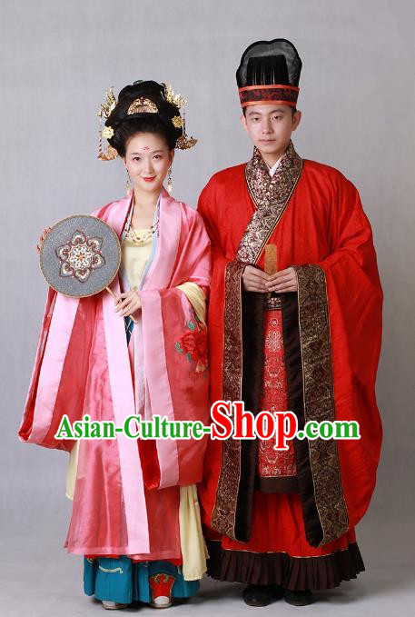 Ancient Chinese Tang Dynasty Palace Bride and Bridegroom Hanfu Embroidered Wedding Costumes Complete Set