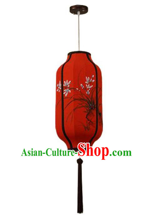 Traditional China Handmade Red Lantern Ancient Ink Painting Orchid Hanging Lanterns Palace Ceiling Lamp