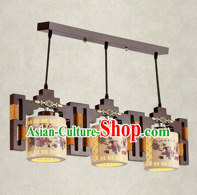 China Handmade Ceiling Lantern Traditional Ancient Printing Ceramics Three-Lights Hanging Lamp Palace Lanterns