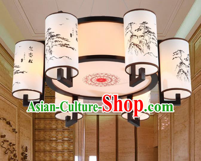 Chinese Handmade Printing Pineburst Lantern Traditional Palace Six-Lights Ceiling Lamp Ancient Hanging Lanterns
