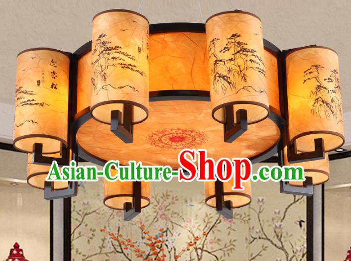 Chinese Handmade Printing Pineburst Lantern Traditional Palace Eight-Lights Ceiling Lamp Ancient Hanging Lanterns