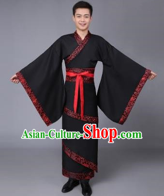 China Ancient Han Dynasty Scholar Costume Black Curving-front Robe for Men