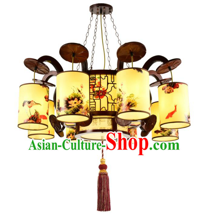Chinese Handmade Eight-Lights Hanging Lantern Traditional Palace Printing Lotus Parchment Ceiling Lamp Ancient Lanterns