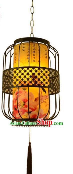 Chinese Handmade Printing Peony Iron Hanging Lantern Traditional Palace Ceiling Lamp Ancient Lanterns