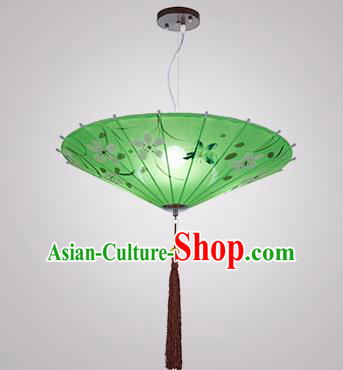 Chinese Classical Handmade Printing Umbrella Palace Lanterns Traditional Green Hanging Lantern Ancient Ceiling Lamp
