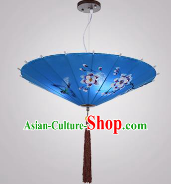 Chinese Classical Handmade Printing Umbrella Palace Lanterns Traditional Blue Hanging Lantern Ancient Ceiling Lamp