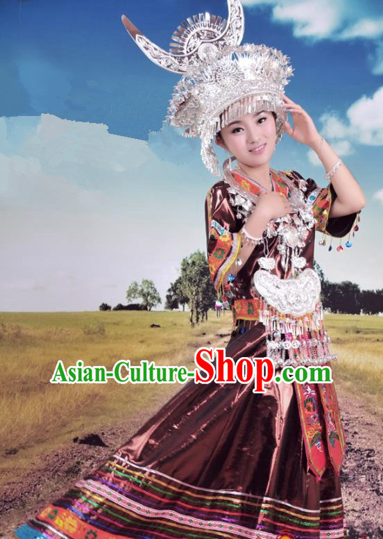 Traditional Chinese Miao Minority Nationality Wedding Embroidered Costume and Headwear Complete Set for Women