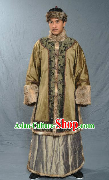 Chinese Qing Dynasty Royal Prince Historical Costume Ancient Manchu Royal Highness Clothing for Men