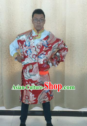 Traditional Chinese Zang Nationality Costume, Tibetan Ethnic Minority Kang-pa Red Tibetan Robe for Men