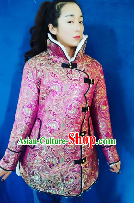 Chinese Tibetan Nationality Dance Costume, Traditional Zang Ethnic Minority Pink Cotton-padded Jacket for Women