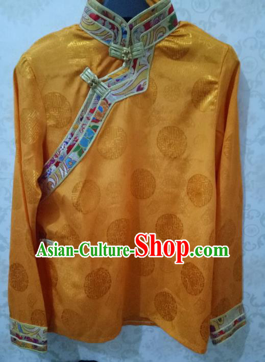 Traditional Chinese Zang Nationality Costume Yellow Shirt, Tibetan Ethnic Minority Coat for Men
