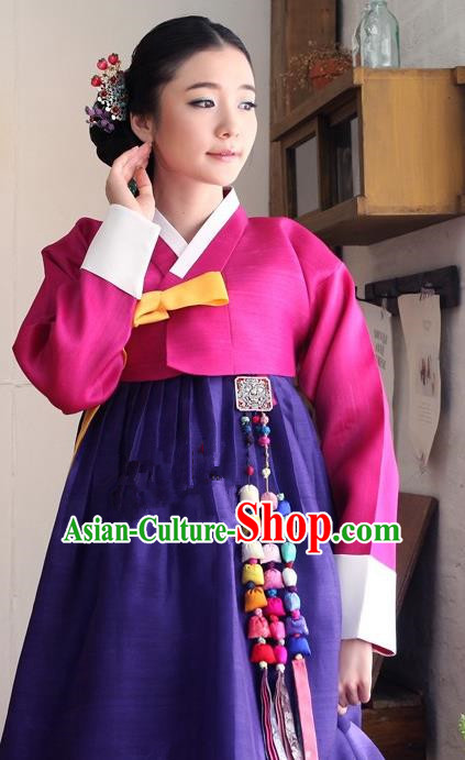 Korean Traditional Bride Palace Hanbok Clothing Rosy Blouse and Purple Dress Korean Fashion Apparel Costumes for Women