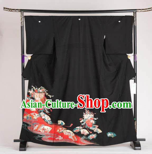 Japan Ancient Printing Black Furisode Kimonos Traditional Female Yukata Dress Formal Costume for Women