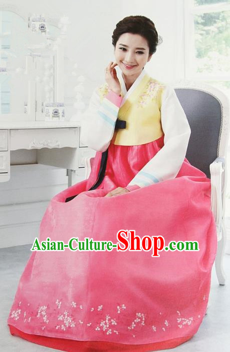 Korean Traditional Palace Clothing Hanbok Yellow Blouse and Pink Dress Korea Fashion Apparel for Women