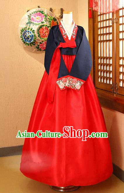 Korean Traditional Palace Garment Hanbok Fashion Apparel Costume Navy Blouse and Red Dress for Women