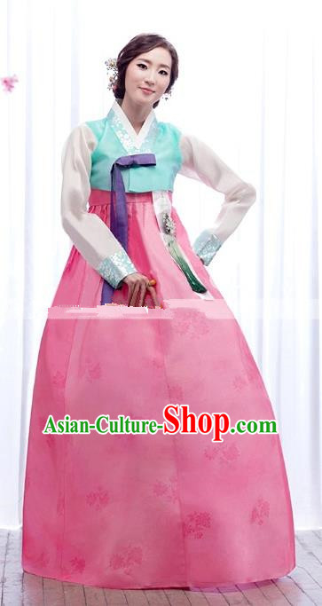 Korean Traditional Palace Garment Hanbok Fashion Apparel Costume Bride Blue Blouse and Pink Dress for Women