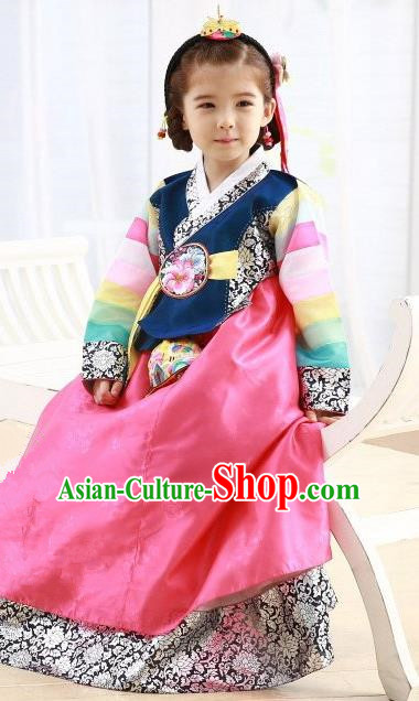 Korean Traditional Hanbok Korea Children Navy Blouse and Pink Dress Fashion Apparel Hanbok Costumes for Kids